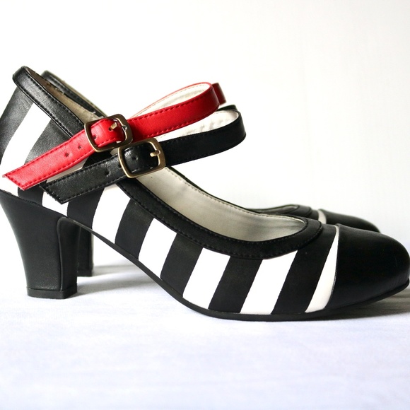 Lola Ramona Leather Heels Black White Red Stripes Ankle Straps Retro Women's 39 - Picture 1 of 10